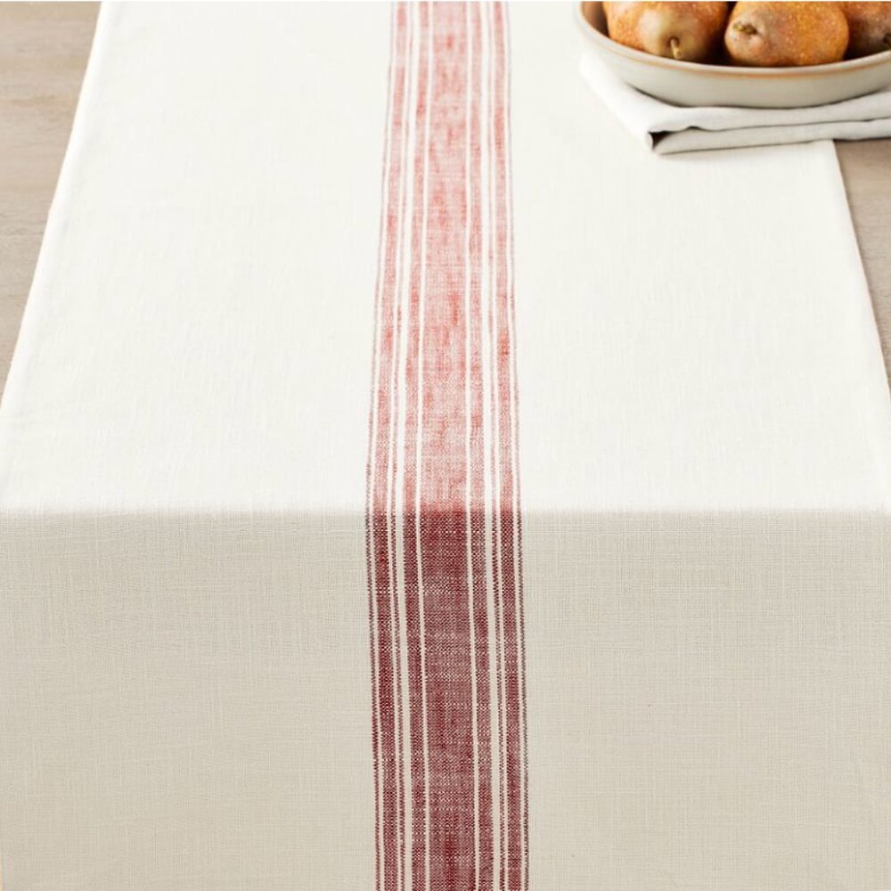 NWT Pottery Barn French Grain Sack Stripe Organic Cotton Runner 18" x 108" Red
